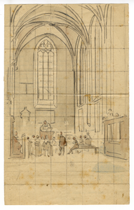 202585 Interieur van de Jacobikerk (Jacobskerkhof) te Utrecht: de noordelijke zijbeuk met een groot aantal mensen ...